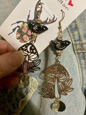 Hand Crafted Gold and Black Bird & Mushroom Earrings